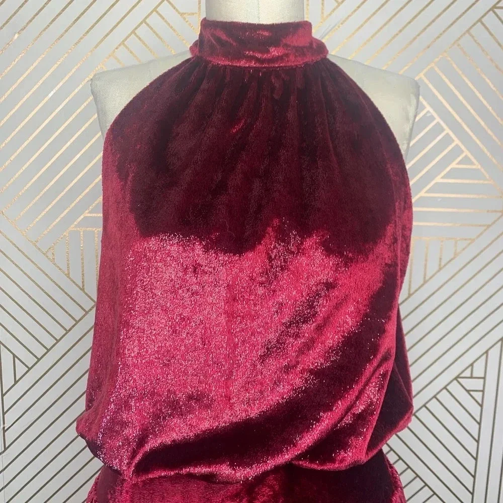 Ramy Brook Ellin Halter Dress in Deep Red Velvet Size US Large‎